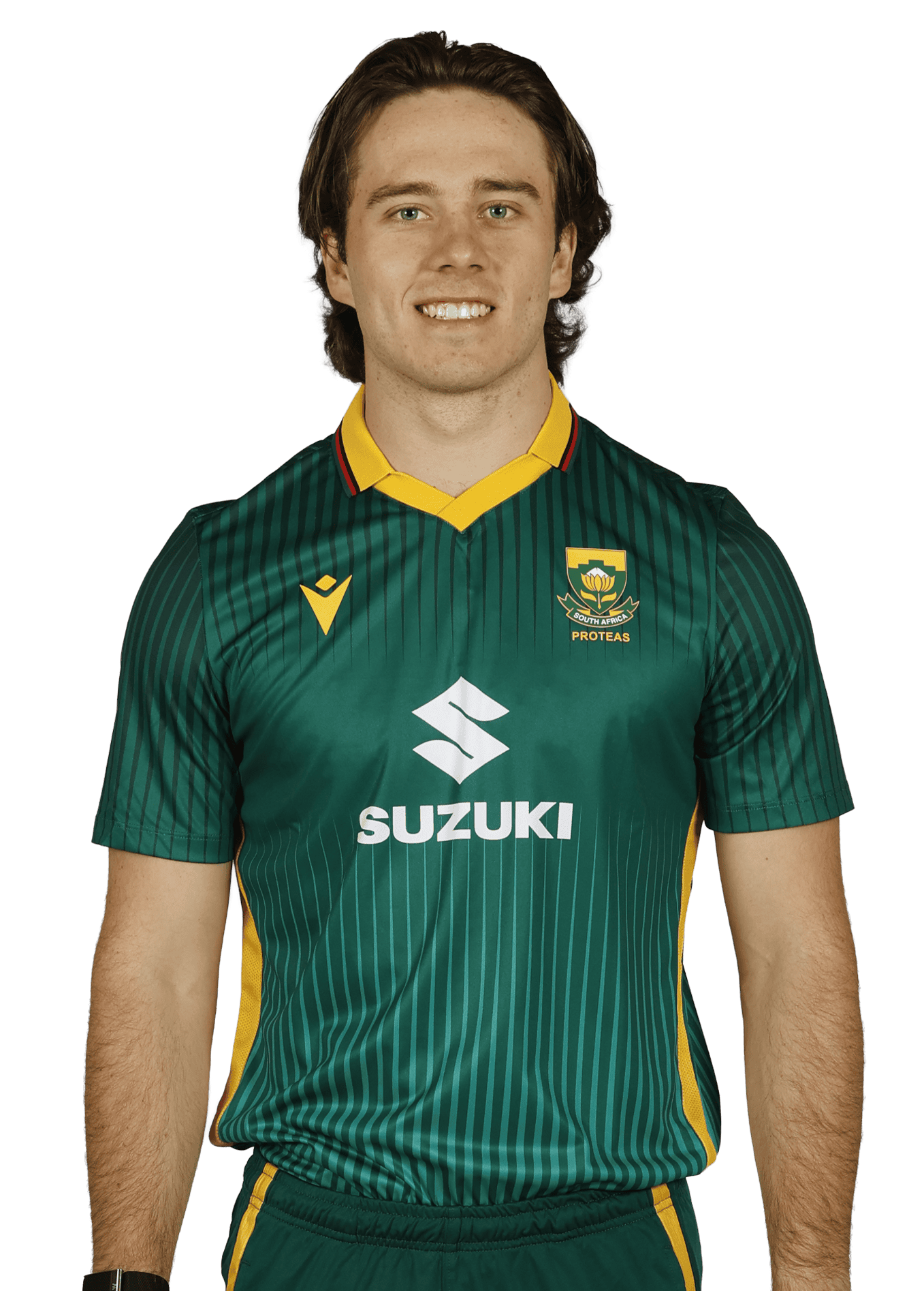 South African cricket player in a green striped jersey with a yellow collar, standing with a friendly smile, sponsor logo Suzuki on chest and Proteas crest on the left.