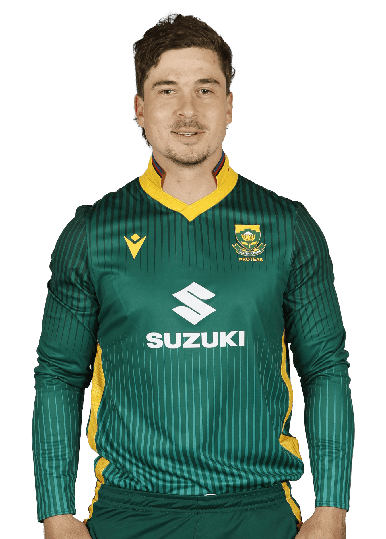 Cricketer wearing a green South Africa Proteas jersey with yellow trim and Suzuki logo on the chest, facing the camera.