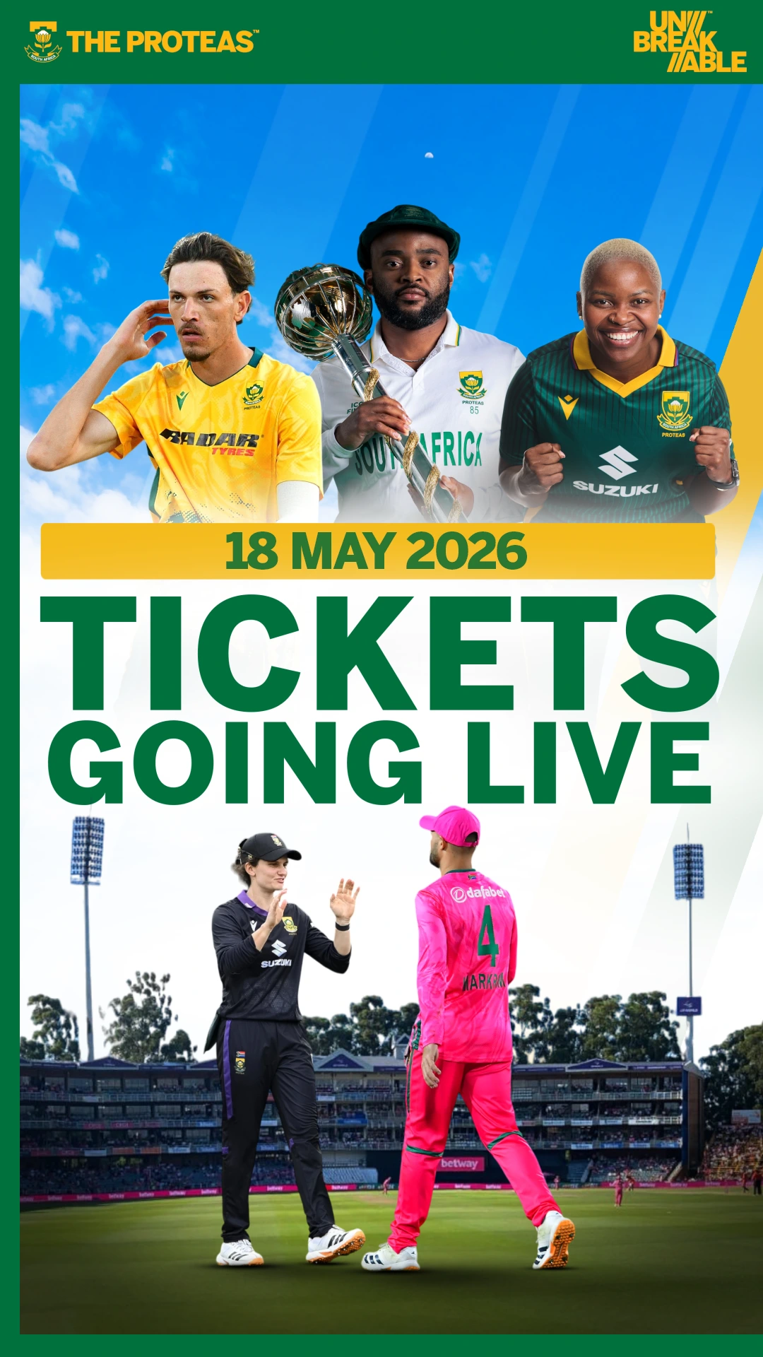 Poster promoting 18 May 2026 tickets going live for South Africa Proteas cricket, featuring three players with a trophy against a blue sky background.
