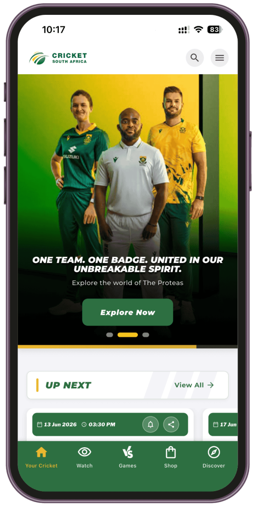 Cricket South Africa app hero: three players in green, white, and yellow stand against a green–yellow gradient with a bold 'Explore Now' CTA button beneath.