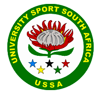 Circular University Sport South Africa (USSA) logo: green outer ring with 'UNIVERSITY SPORT SOUTH AFRICA' text, inner white circle with a red protea blossom and green leaves, five colored stars (blue, yellow, black, red, green) beneath, and 'USSA' at the bottom.