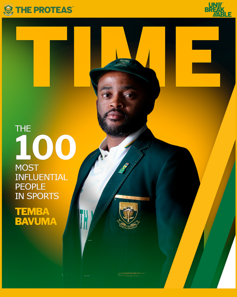 Magazine cover announcing Temba Bavuma among the 100 most influential people in sports; man in a green blazer with SA crest.