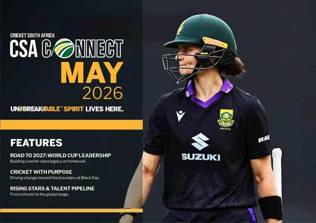 CSA Connect May 2026 promotional poster with a cricketer in a dark jersey on the right and feature items on the left.